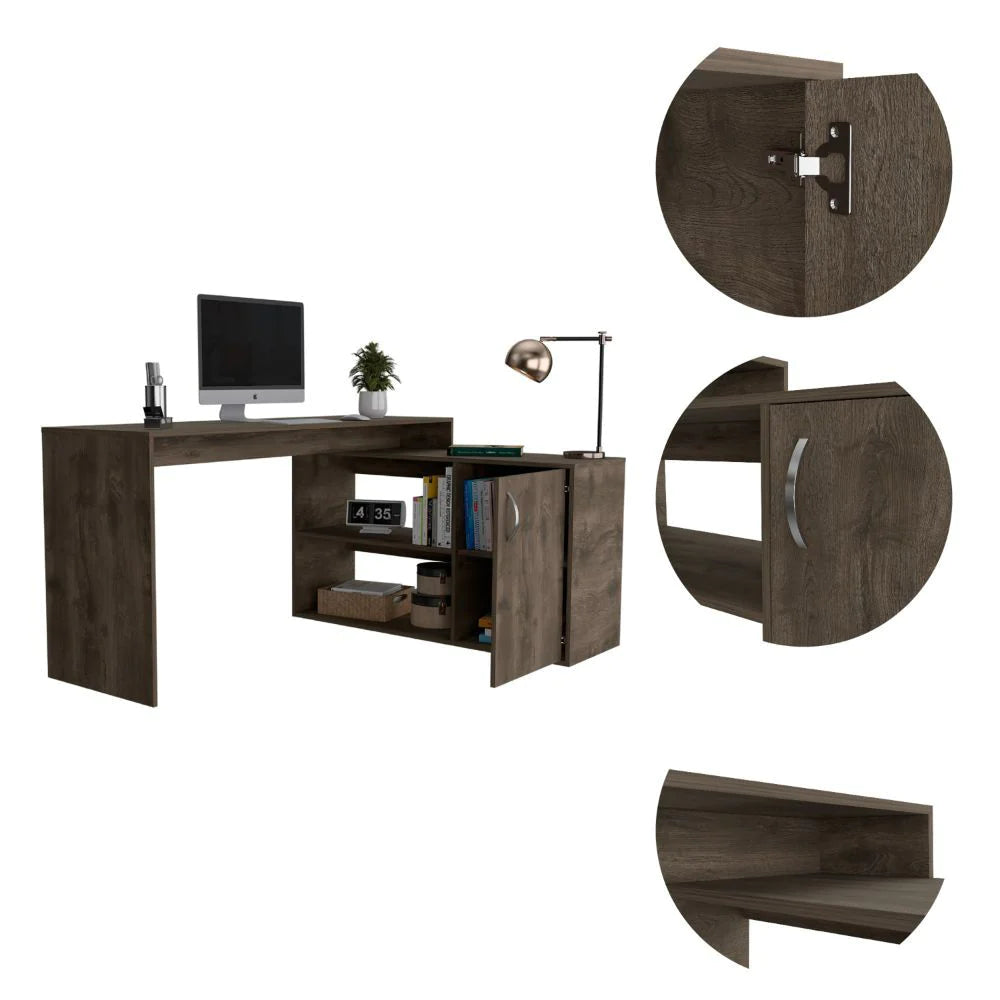 "Modern L-Shaped Desk with Stylish Single Door Cabinet in Sleek Dark Brown Finish"