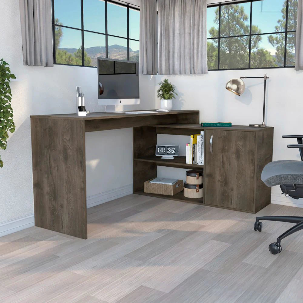 "Modern L-Shaped Desk with Stylish Single Door Cabinet in Sleek Dark Brown Finish"