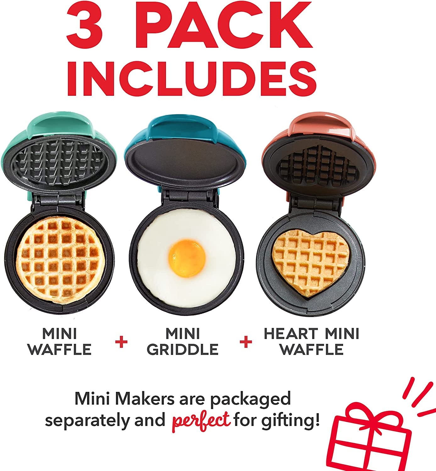 "Breakfast Bliss: Mini Maker 3-Pack Gift Set with Waffle Maker, Heart-Shaped Waffle Maker, and Griddle"