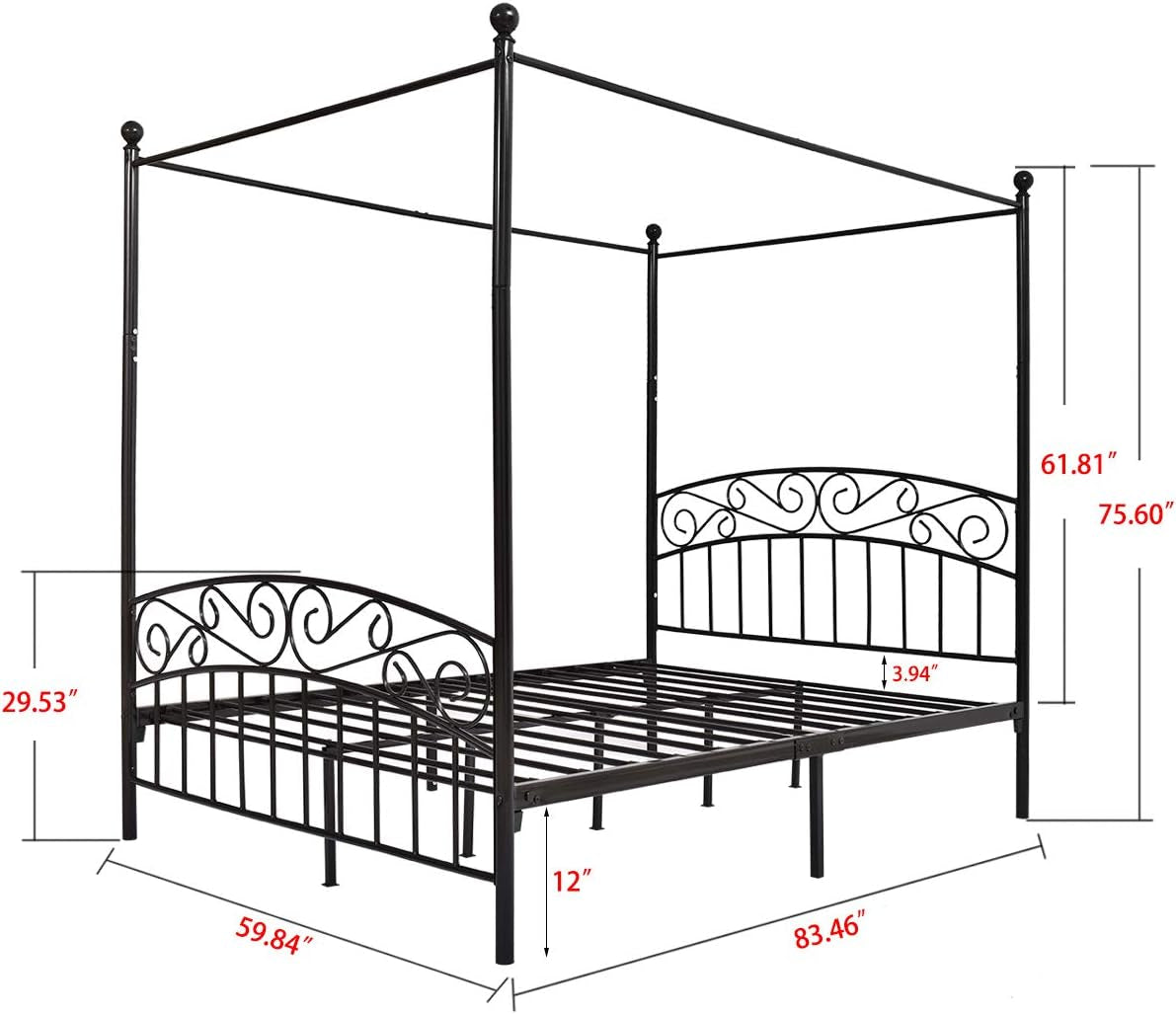 "Ultimate Comfort and Elegance: Queen Size Metal Canopy Bed Frame with Headboard and Footboard - No Box Spring Needed!"