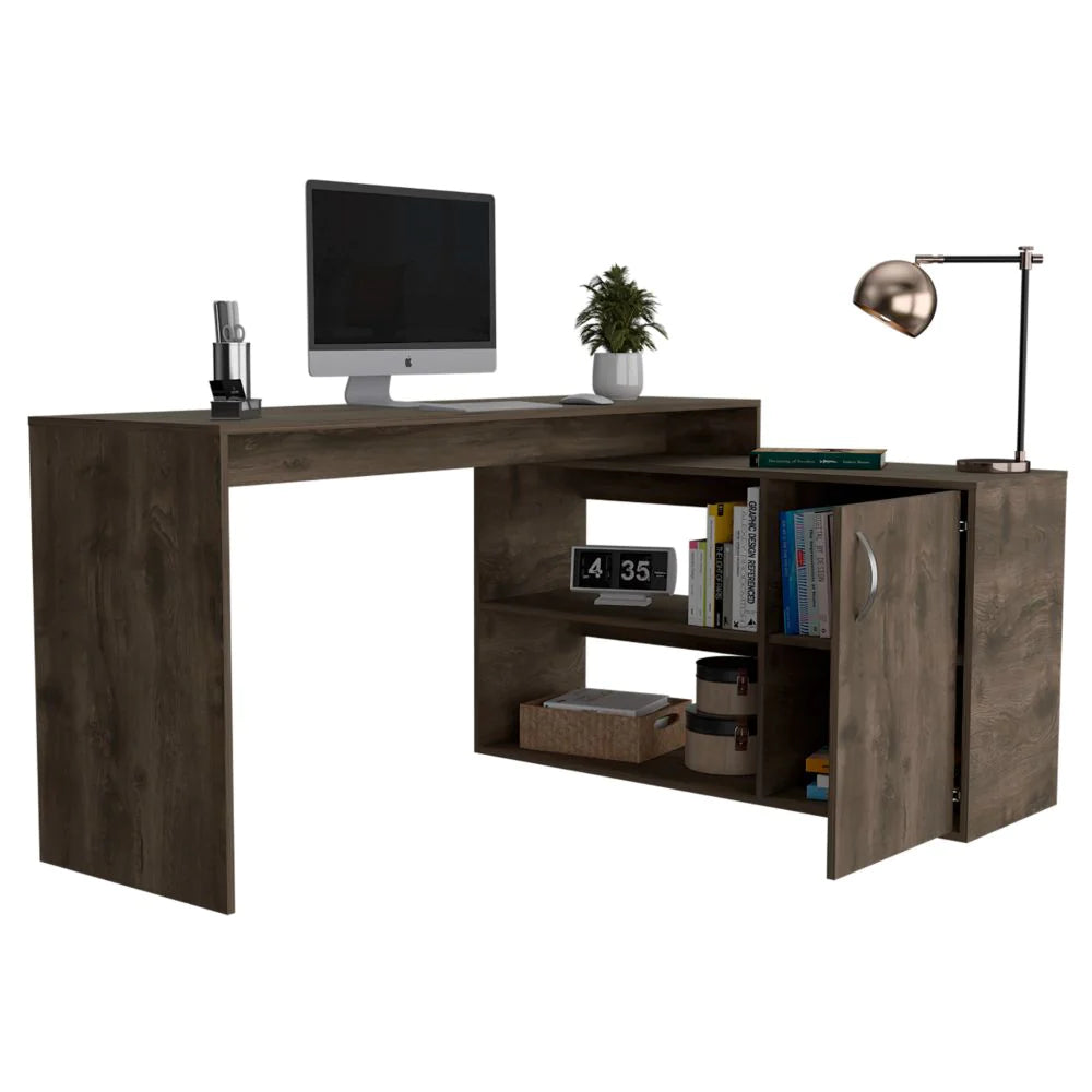 "Modern L-Shaped Desk with Stylish Single Door Cabinet in Sleek Dark Brown Finish"