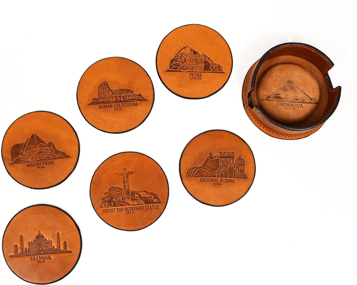 "Premium Walnut Leather Coasters Set of 6 with Stylish Holder - Shield Your Furniture from Unsightly Stains"