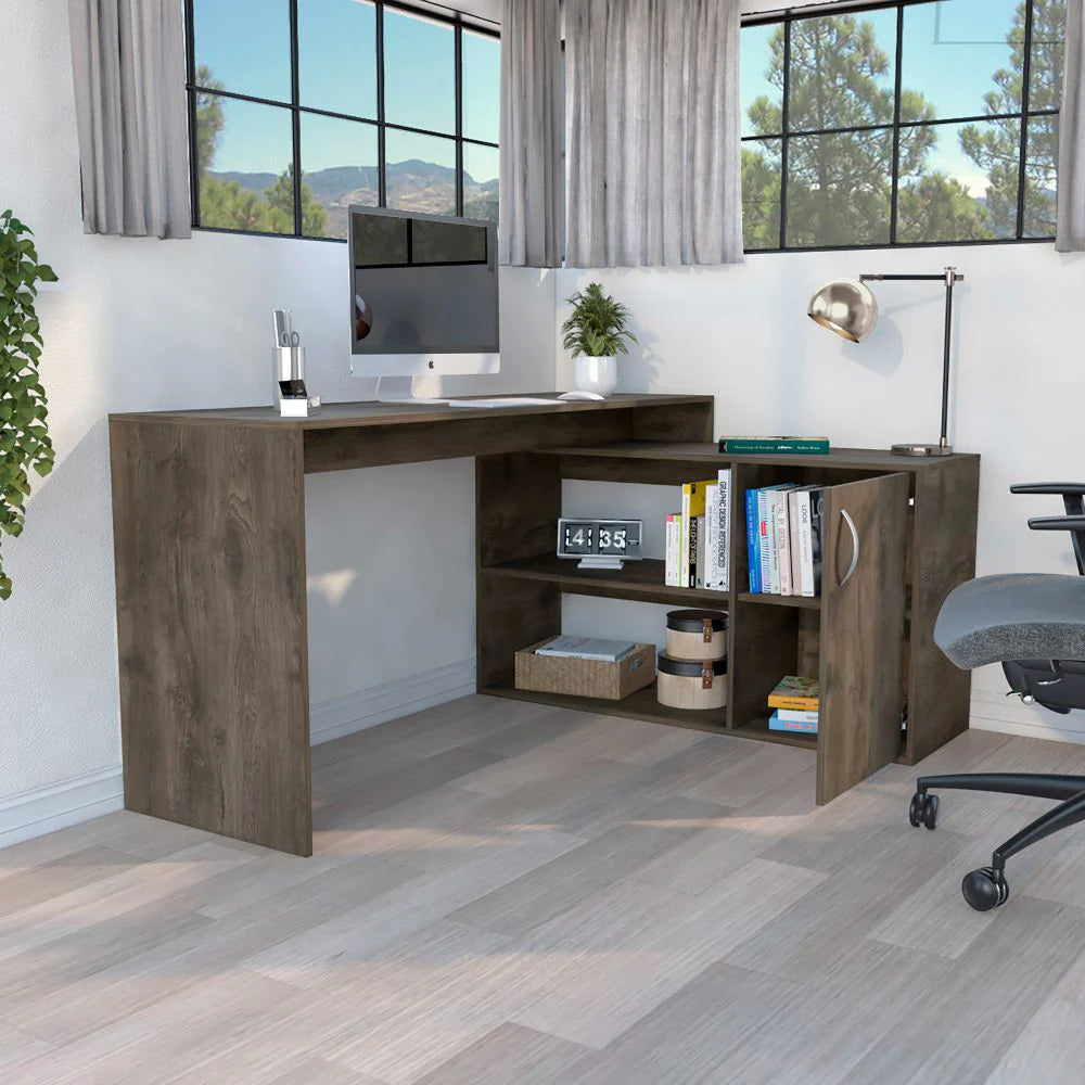 "Modern L-Shaped Desk with Stylish Single Door Cabinet in Sleek Dark Brown Finish"