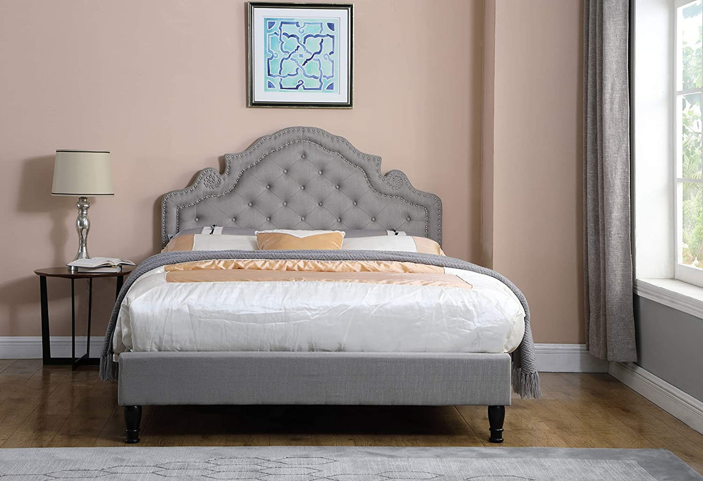 "Experience Luxurious Comfort with the Homelife Premiere Classics 51" Tall Platform Bed - King Size, Light Grey Linen"