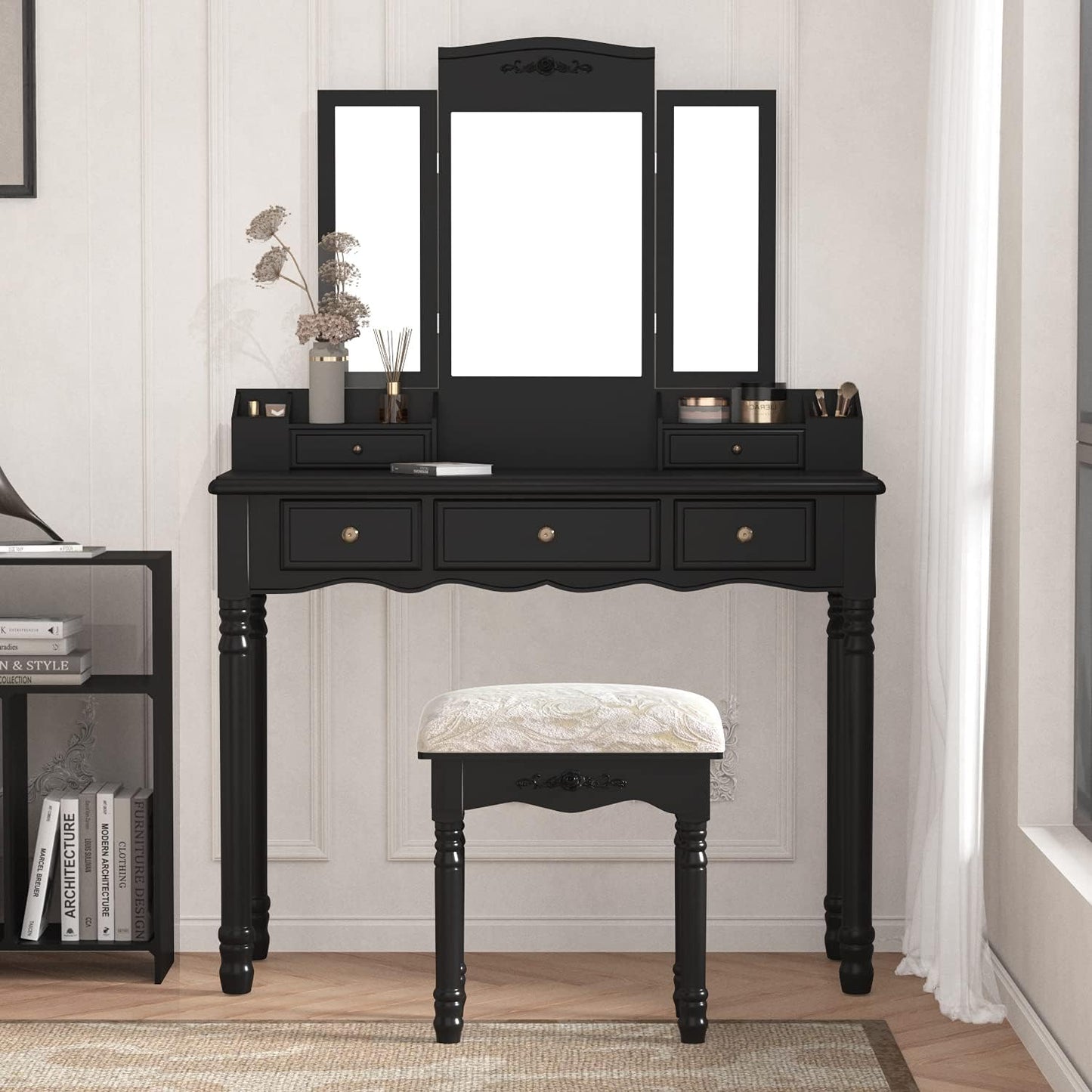 "Ultimate Glamour Station: Tri-Folding Mirrors, Cushioned Chair, and 5 Spacious Drawers - Perfect Makeup Vanity Table Set for Women/Girls in Sleek Dark Black"