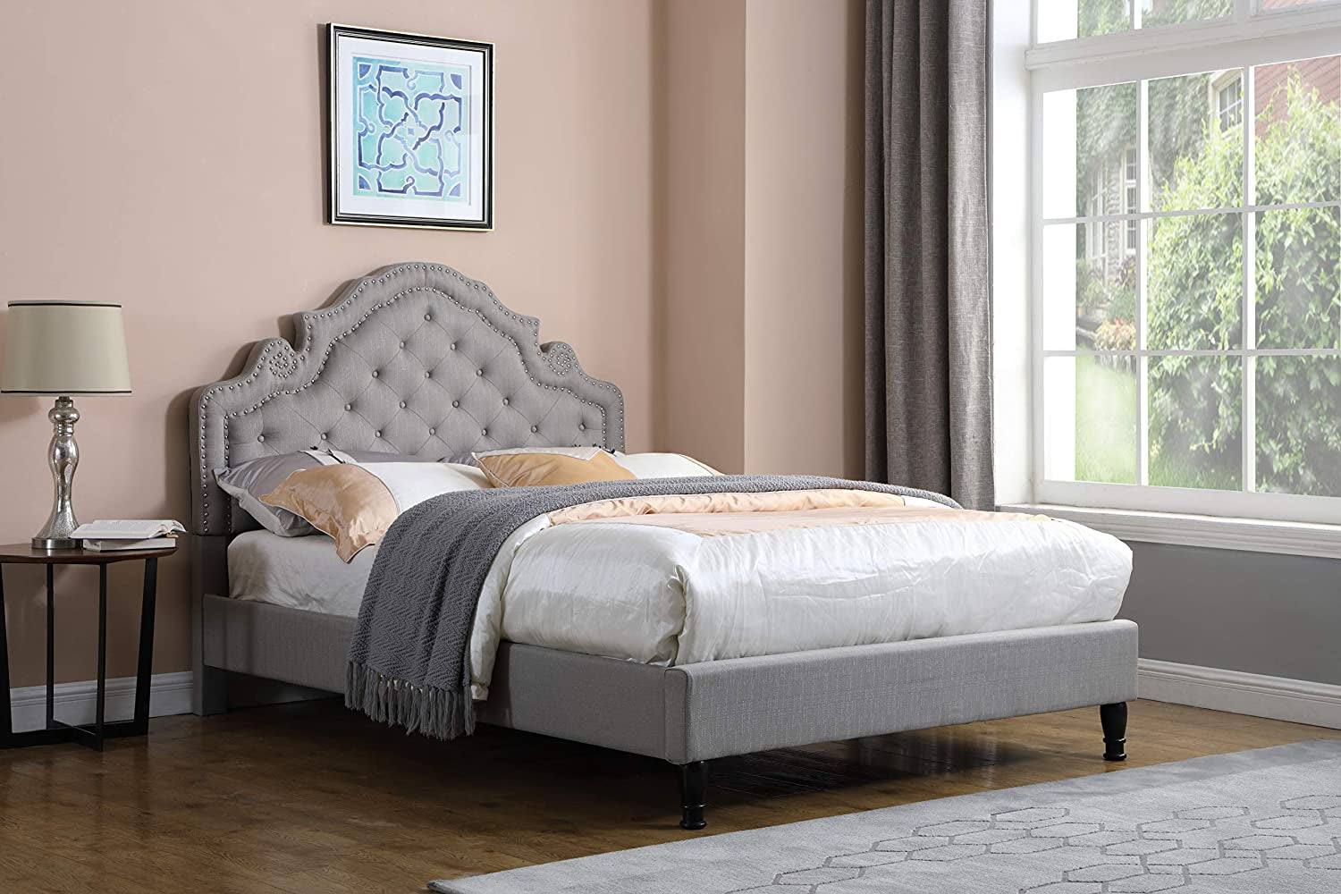 "Experience Luxurious Comfort with the Homelife Premiere Classics 51" Tall Platform Bed - King Size, Light Grey Linen"