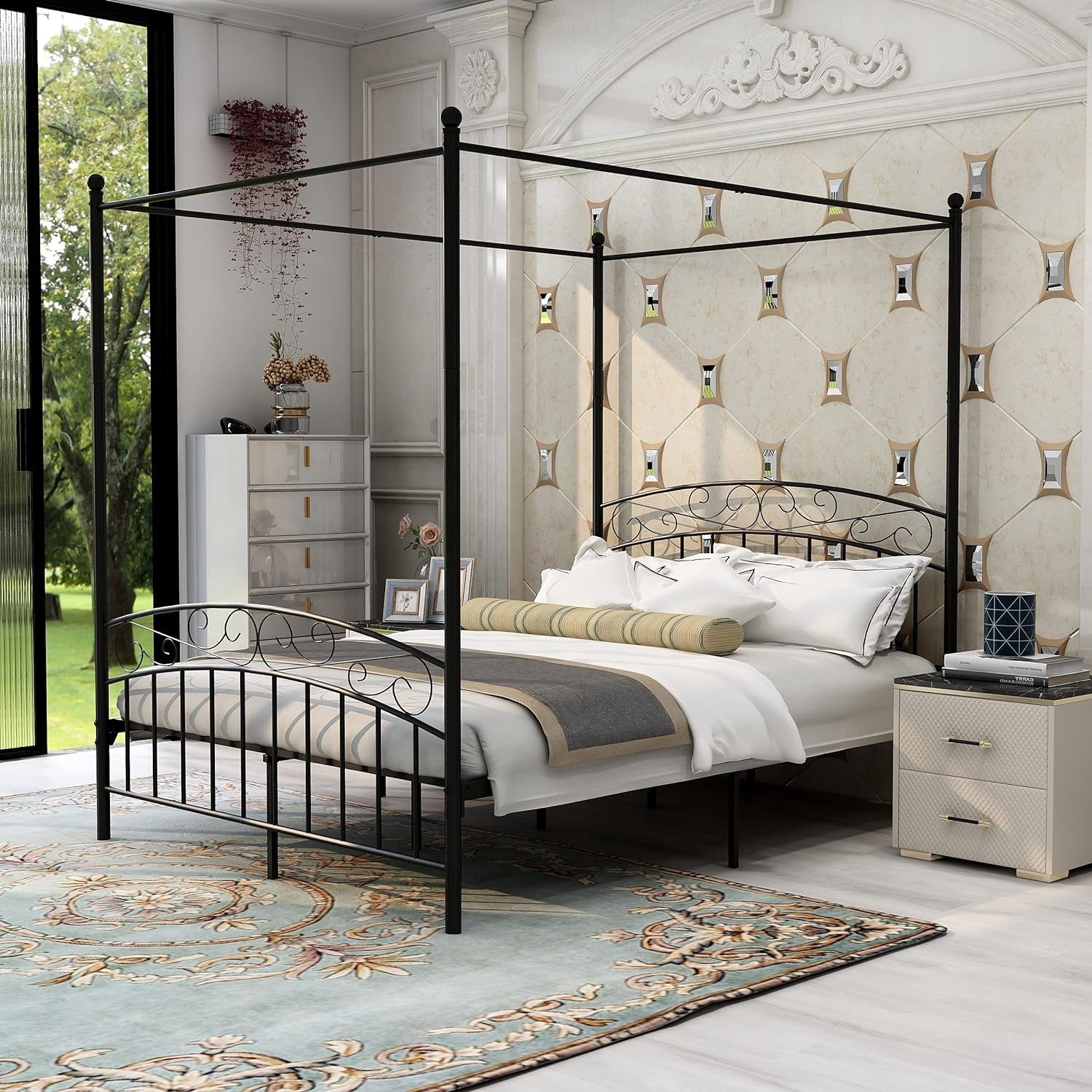 "Ultimate Comfort and Elegance: Queen Size Metal Canopy Bed Frame with Headboard and Footboard - No Box Spring Needed!"