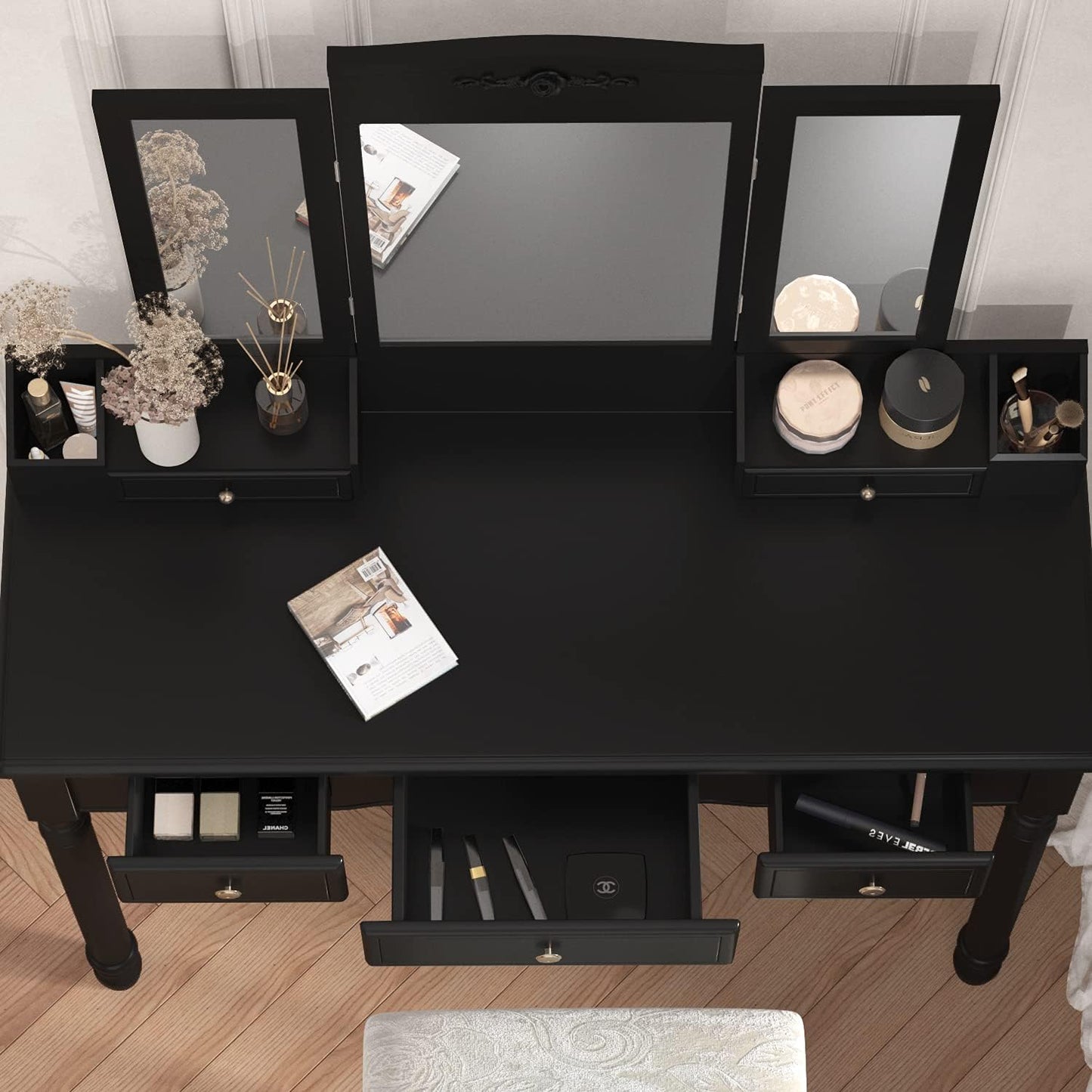 "Ultimate Glamour Station: Tri-Folding Mirrors, Cushioned Chair, and 5 Spacious Drawers - Perfect Makeup Vanity Table Set for Women/Girls in Sleek Dark Black"