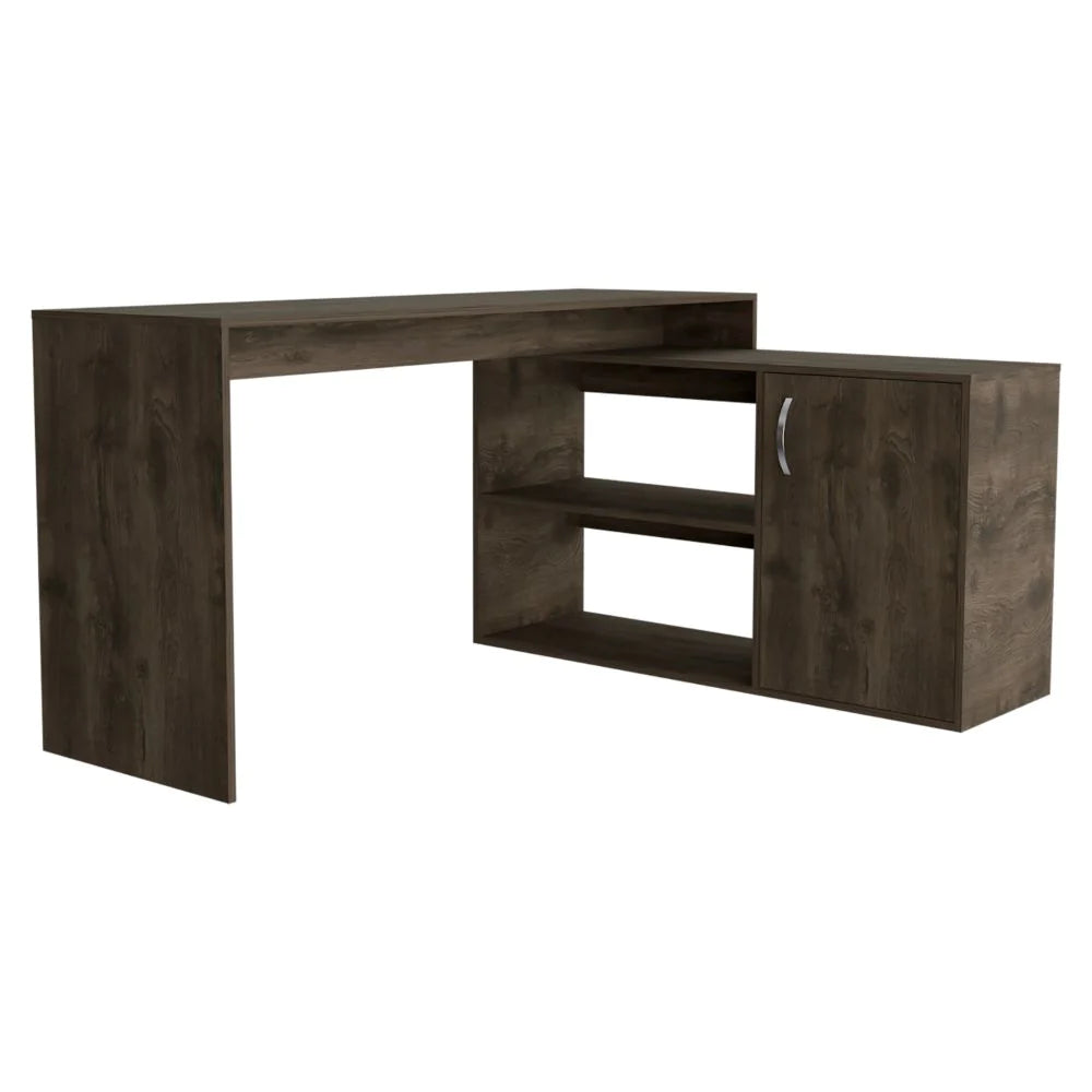 "Modern L-Shaped Desk with Stylish Single Door Cabinet in Sleek Dark Brown Finish"