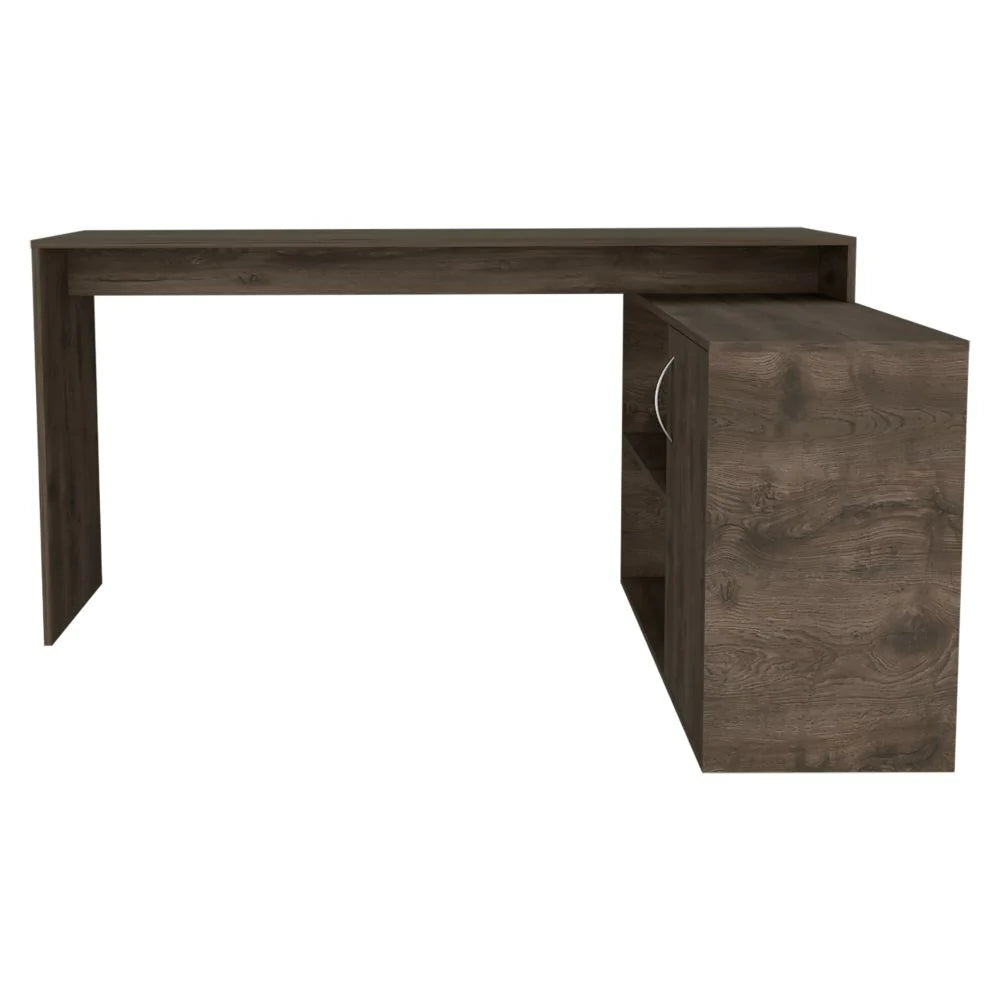 "Modern L-Shaped Desk with Stylish Single Door Cabinet in Sleek Dark Brown Finish"