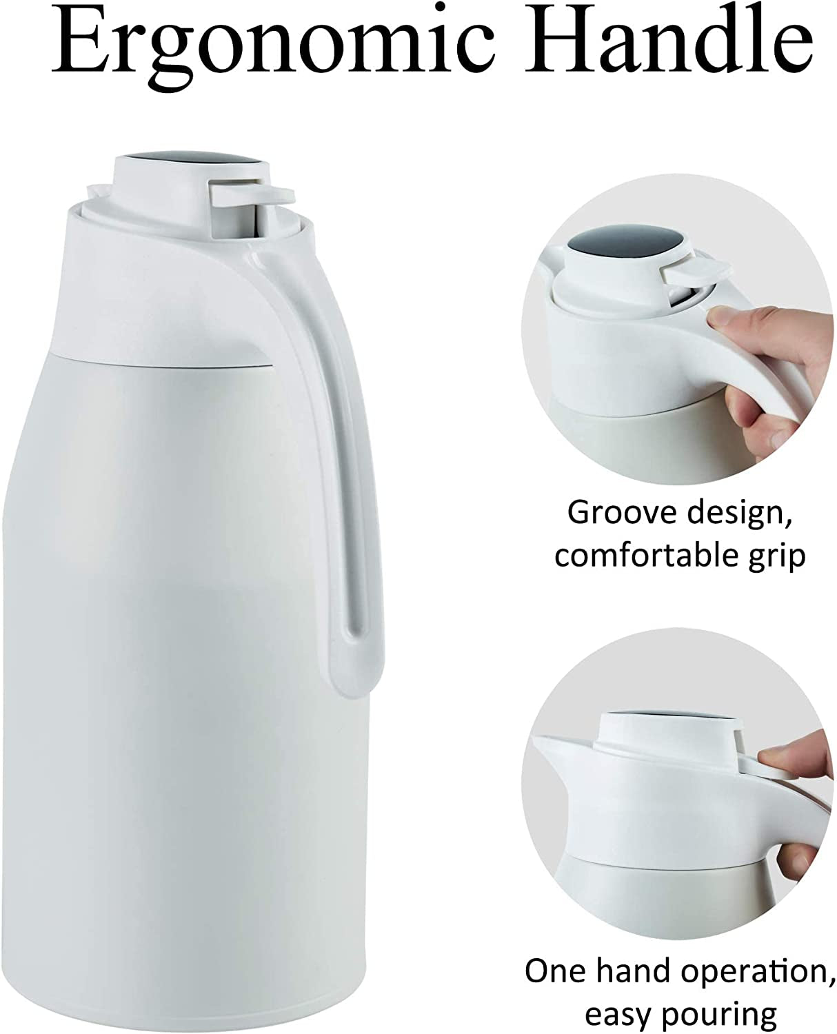 "Stay Hot and Stylish with Our 40 OZ Thermal Coffee Carafe - Stainless Steel Vacuum Thermos with Temperature Display Lid, 12 Hour Heat Retention, and Water & Beverage Dispenser in Elegant White"