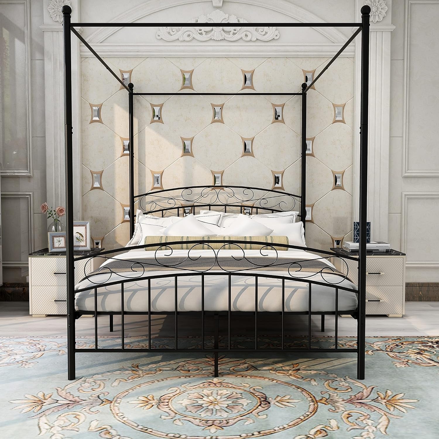 "Ultimate Comfort and Elegance: Queen Size Metal Canopy Bed Frame with Headboard and Footboard - No Box Spring Needed!"