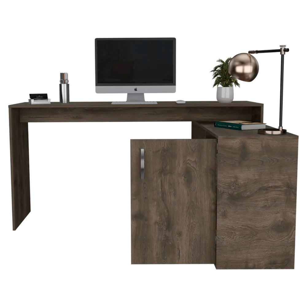 "Modern L-Shaped Desk with Stylish Single Door Cabinet in Sleek Dark Brown Finish"